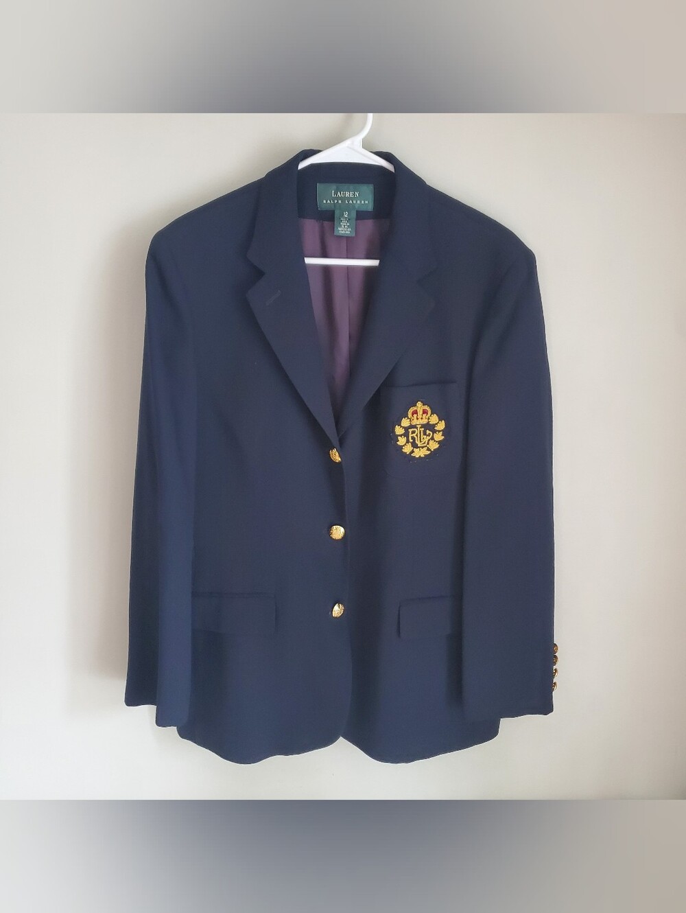 Lauren Ralph Lauren Crest Blazer Women’s 12 Navy Gold Buttons Wool Made In USA